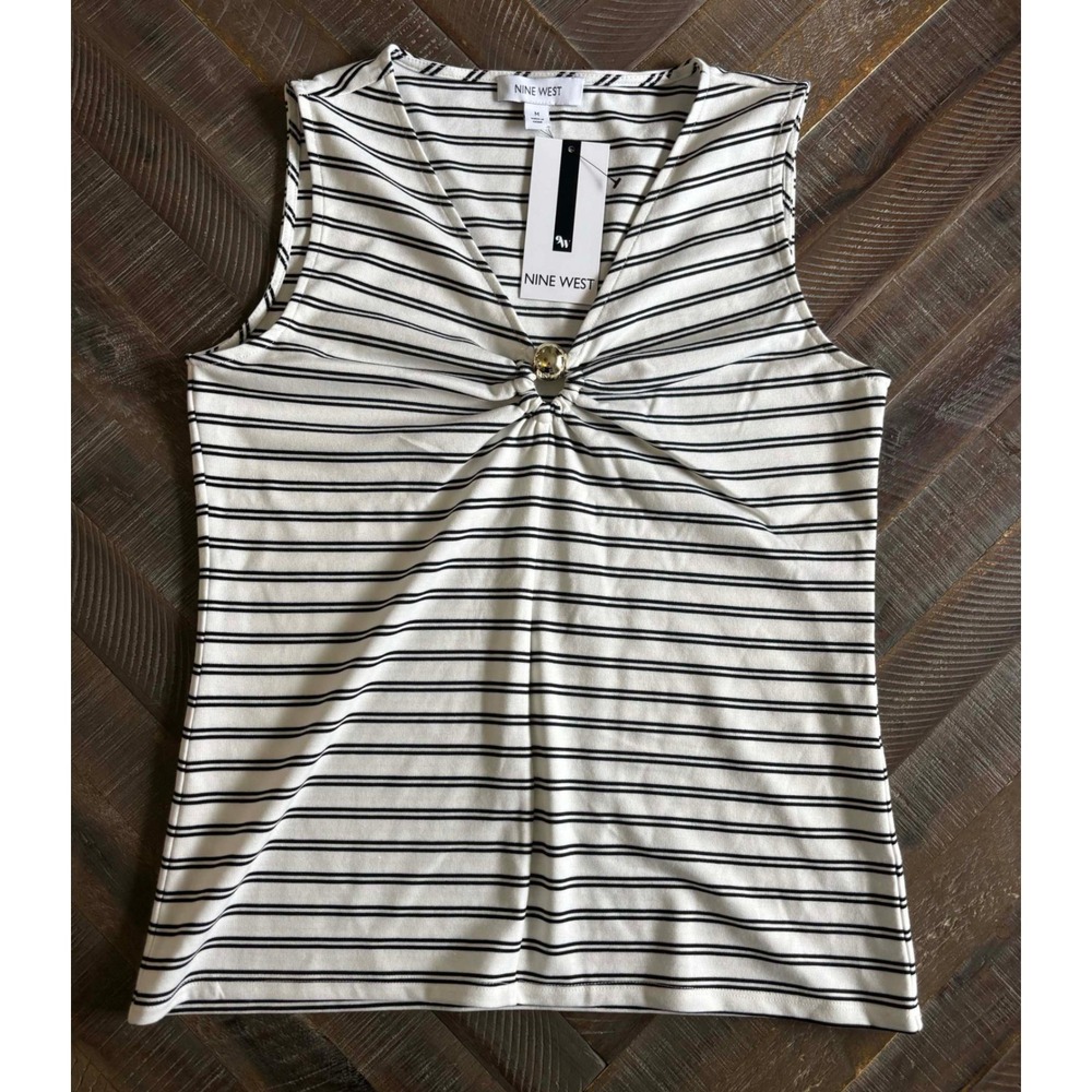 Nine West Women's Striped V-Neck Sleeveless Knit Top M